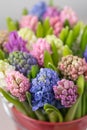 Flower shop concept. Mixed color. Fresh spring flowers in refrigerator room for flowers. Bouquets on shelf, florist Royalty Free Stock Photo