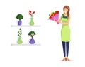 Flower shop worker flat vector illustration. Young florist in apron holding beautiful bouquet cartoon character. Natural