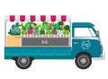 Flower shop. Flowers shop mobile on wheels. Vector illustration.