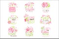 Flower Shop Green And Pink Colorful Graphic Design Template Logo Set, Hand Drawn Vector Stencils