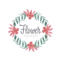 Flower shop green and pink colorful logo template, label or badge in vintage style for floral boutique, wedding service Royalty Free Stock Photo