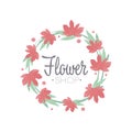 Flower shop green and red colorful logo template with wreath, label or badge in vintage style for floral boutique Royalty Free Stock Photo