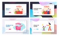 Flower Shop, Ice Cream Stall, Mother with Son Sparetime Website Landing Page Set, Man Buy Bouquet in Store, Saleswoman Royalty Free Stock Photo