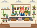 Flower shop interior green natural decorations woman florist seller cartoon design vector illustration Royalty Free Stock Photo