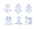 Flower Shop Logo Design for Florist Boutique and Floral Store Blue Hand Drawn Badges Vector Set Royalty Free Stock Photo