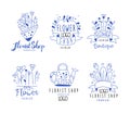 Flower Shop Logo Design for Florist Boutique and Floral Store Blue Hand Drawn Badges Vector Set Royalty Free Stock Photo