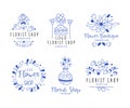 Flower Shop Logo Design for Florist Boutique and Floral Store Blue Hand Drawn Badges Vector Set Royalty Free Stock Photo