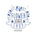 Flower shop logo premium, design element for floral boutique or florists hand drawn vector Illustration in blue color on Royalty Free Stock Photo