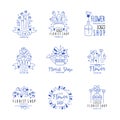 Flower shop logo premium set, floral boutique, florists badges hand drawn vector Illustrations in blue colors on a white Royalty Free Stock Photo