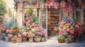 Flower shop in Paris, France. Digital painting of flowers in pots. Generative AI