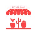 Flower Shop, Plant Market Single Flat Vector Icon. Striped Awning and Signboard