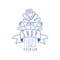 Flower shop premium logo design, floral emblem, florists, flower boutique badge hand drawn vector Illustration in blue Royalty Free Stock Photo