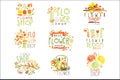 Flower Shop Red Yellow And Green Colorful Graphic Design Template Logo Set, Hand Drawn Vector Stencils