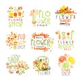 Flower Shop Red Yellow And Green Colorful Graphic Design Template Logo Set, Hand Drawn Vector Stencils