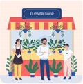 Flower shop showcase and florist. Floral market, houseplant in pots. Young flower-girl sells bouquet