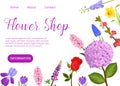 Flower shop vector cartoon web template. Florist shop website with garden flowers illustration on white background and Royalty Free Stock Photo