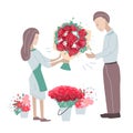 Flower shop worker helps man choosing floral present - a big bunch of roses. Two persons isolated on white background.