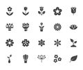 Flower silhouette icon set. Rose, tulip in vase, fruit bouquet, spring blossom, cactus, chamomile, sakura minimal vector