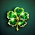A flower similar to a clover shamrock glowing with a golden-green neon light on a dark green background.