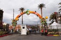 Flower and skeleton arch entrance to Dia de los Muertos