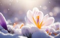 Flower in snow with lightning effects. AI