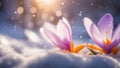 Flower in snow with lightning effects. AI