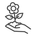 Flower in soil on human hand line icon, gardening concept, Spring flower with leaves sign on white background, hand Royalty Free Stock Photo