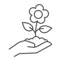 Flower in soil on human hand thin line icon, gardening concept, Spring flower with leaves sign on white background, hand Royalty Free Stock Photo