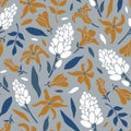 Seamless pattern with blooming hyacinths. Inflorescences, flowers, leaves.