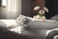 flower spa modern comfortable towel bed bath welcome bedchamber window. Generative AI. Royalty Free Stock Photo