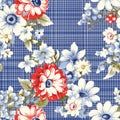 Flower springtime seamless pattern in blue, white and red. Ditsy, liberty style wallpaper. Checked background