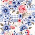 Flower springtime seamless pattern in blue, white and red. Ditsy, liberty style wallpaper gingham pattern