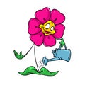 Flower sprinkles himself with watering can cartoon