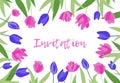 Flower square banner. White background. Tulips and leaves on a white background with copyspace. Bright saturated colors