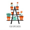 Flower stand with flower pots. Vector illustration on a white background