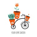 Flower stand in the shape of a Bicycle with flower pots. Vector on a white background