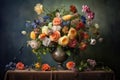 Flower Still Life Bouquet in Vintage Vase, Ancient Dutch Masters Imitation, Abstract Generative AI Illustration Royalty Free Stock Photo