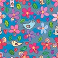 Flower style drawing love bird seamless pattern