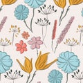 Flower summer fabric pattern. Spring waterclor line art paradise botanical print. Vintage garden floral decoration