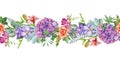 Flower summer lush seamless border. Garden flowers bright endless decoration. Watercolor floral illustration. Realistic