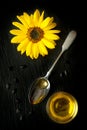 Flower sunflower and safflower oil in a spoon