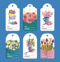 Flower tag design set, vector illustration. Little card with floral decoration elements to gift, cute paper label Royalty Free Stock Photo