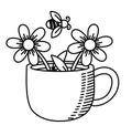 Flower tea cup with bee line art Royalty Free Stock Photo