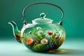 flower tea in a glass teapot on a green background Royalty Free Stock Photo