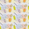 Seamless Beauty Items Pattern - Brush, Shampoo, Sponge and Hygiene Products Illustrations