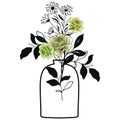 Flower in vase doodle illustration including different floral bouquets. Hand drawn cute line art about plants in interior. Modern