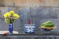Flower Vase, Incense and Fruit Dish Arrangement Buddhist Temple Tu Duc Tomb Hue Vietnam Royalty Free Stock Photo