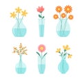 Flower in vase set. Glass vases with blue water. Cute colorful icon collection. Different flowers. Daisy, tulip, gerbera. Ceramic Royalty Free Stock Photo