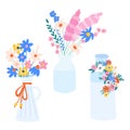 Flower vase set vector illustration. Isolated Vases with spring and summer flowers. Use clipart icons for card decor Royalty Free Stock Photo