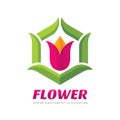 Flower - vector logo template concept illustration in flat style. Abstract tulip sign with green leaves. Geometric creative symbol